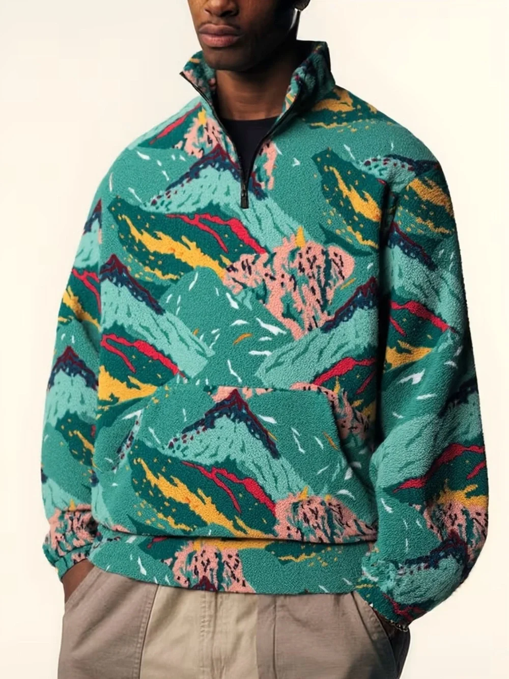 Unisex Sherpa Fleece 2-Piece Set Quarter Zip Pullover & Joggers Green S/M